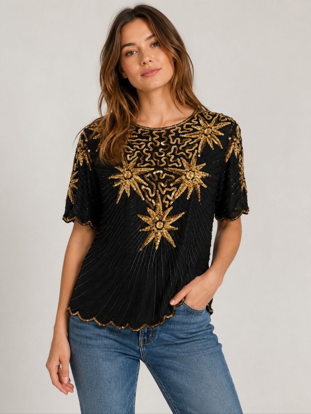 Vintage 80s Leslie Fay Evenings Black & Gold 100% Silk Sequined & Beaded Top - M